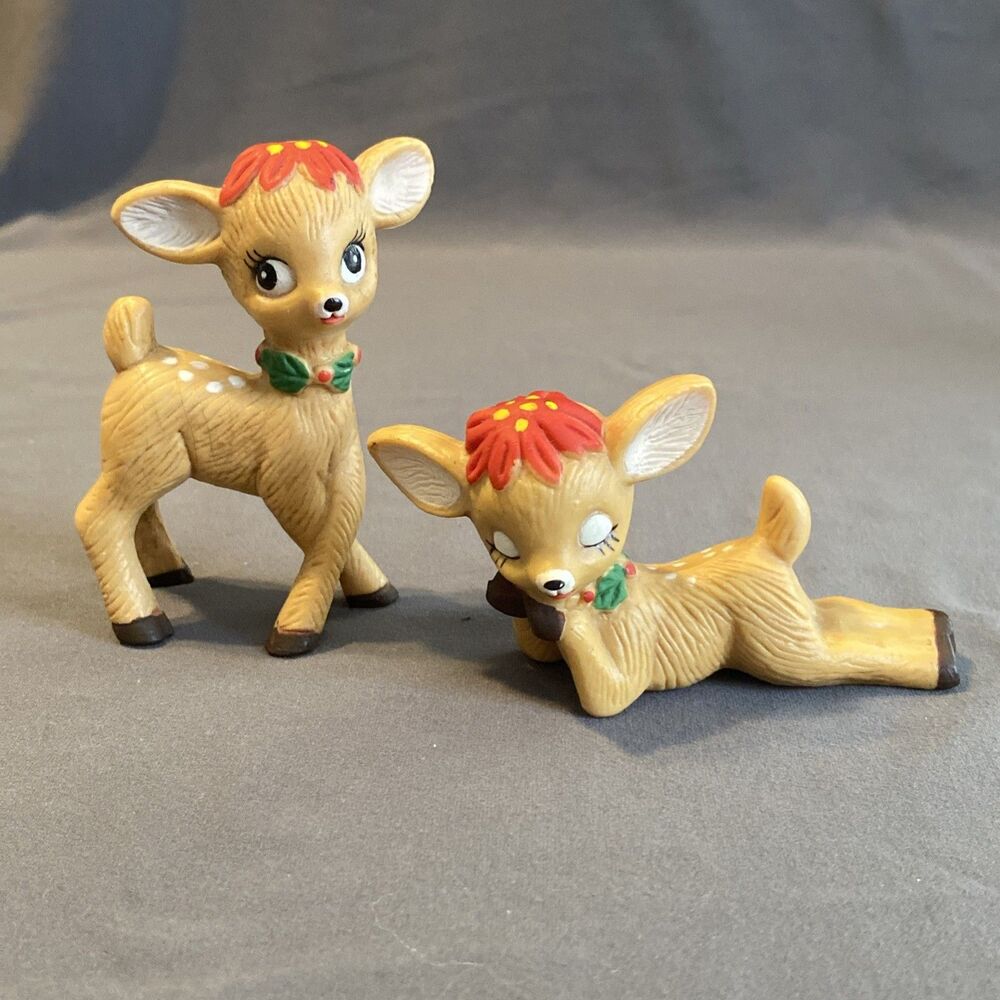 Vintage Christmas Hard Plastic Deer Fawn Brown Big Eyes 3” Set Of 3 Figures